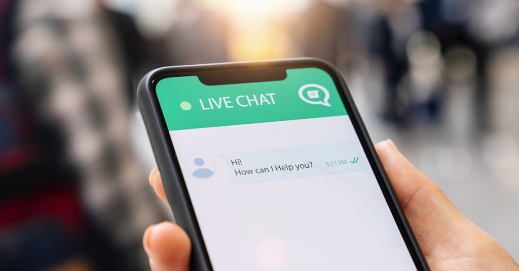 live chat service, live chat room, green banner, online message on black phone
