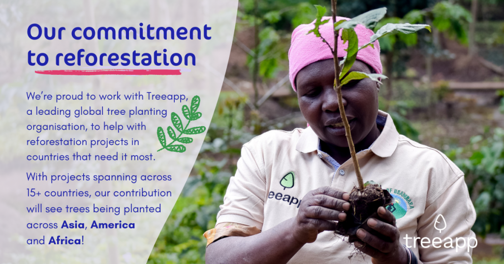 Photo of a woman planting a tree with the caption 'our commitment to reforestation' with text about the treeapp.