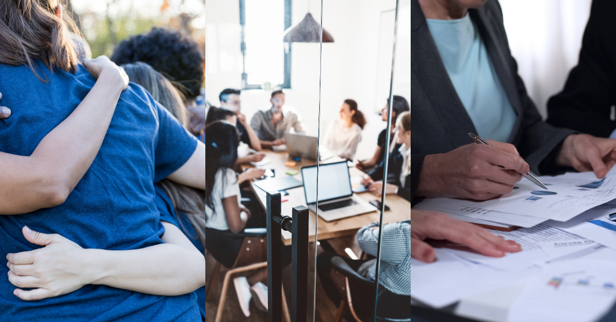 Collage of three photos of a charity, boardroom and government office